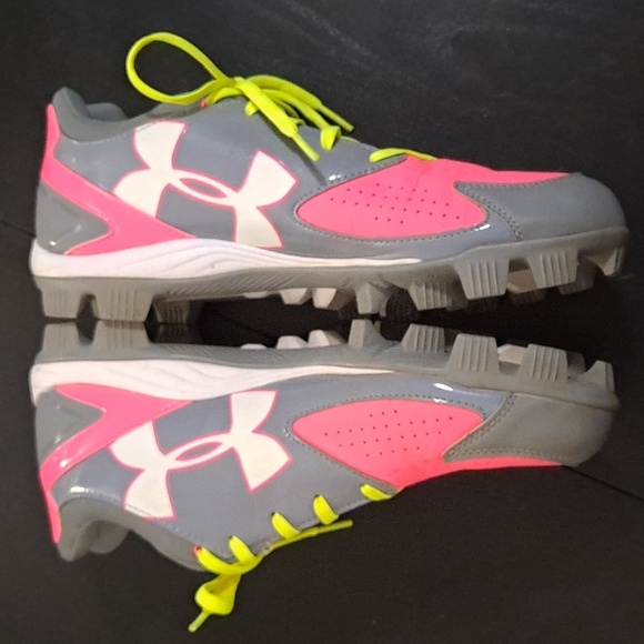 Like new! Under Armor neon pink, yellow, and gray cleats, sz 10 - Picture 3 of 10